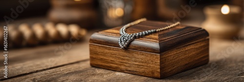 Elegant necklace resting on a wooden jewelry box amid soft candlelight in a cozy setting
