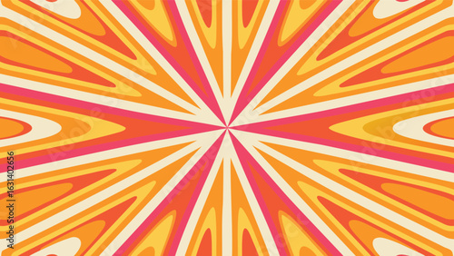 Abstract radial pattern with orange yellow and pink rays emanating from a central point design element