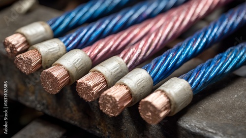 Close-up of electrical cables with ferrules protecting copper conductors in clamp connections, industrial wiring safety technology