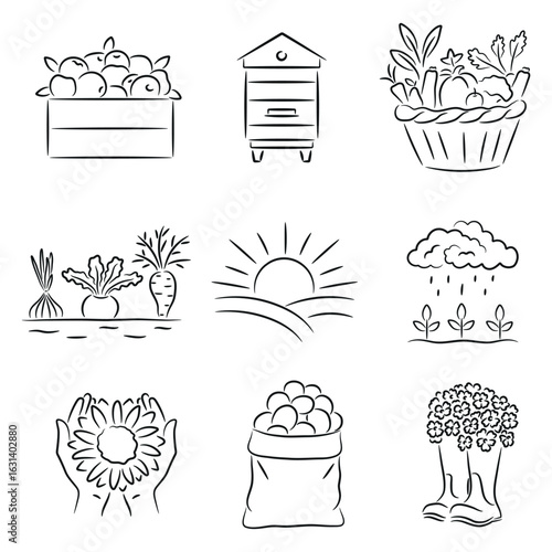 Line Art Garden Icons, Farm life set, Gardening, Farming, Apples, Beehive, Vegetables, Flower, Potatoes, Watering Cloud, Rubber Boots