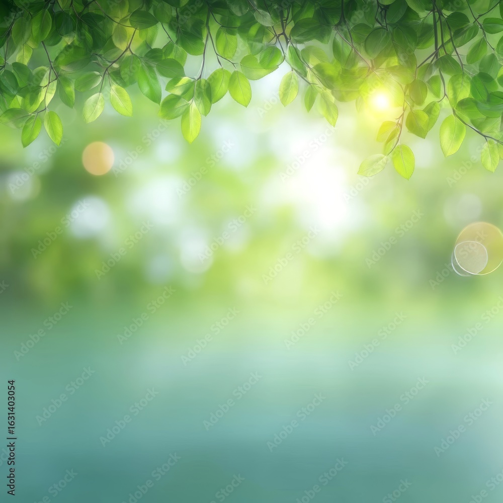 Fototapeta premium Green Leaf Bokeh Background with Soft Sunlight, Perfect for Nature-Themed Wallpaper and Designs