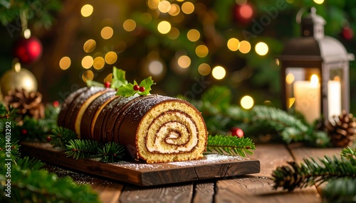 Delicious Christmas Yule Log Cake with Festive Decorations  Bokeh Lights.