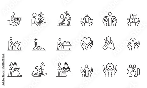 Charity and Volunteering silhouette line icons set Vector art illustration on white background