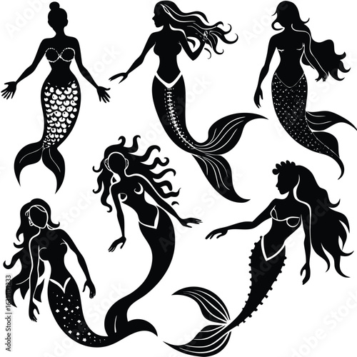 Elegant mermaid silhouettes in various poses and tail designs