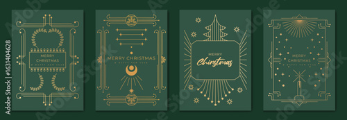Christmas greeting card vector set. Happy new year poster template with gold line christmas tree, candle, leaves, art deco frame on green background. Design for season holidays, cover, Happy New Year.
