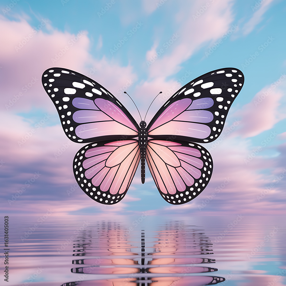 Fototapeta premium Butterfly Over a Reflective Floral Pond Surface 