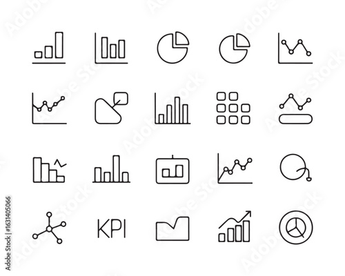 Collection of thin line icons representing various business charts and graphs data analytics