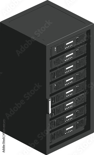 Black server rack with multiple servers on a plain background