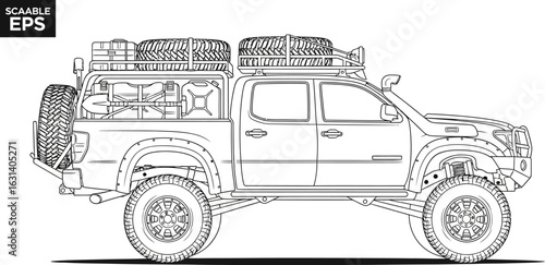 Offroad truck with camping gear and spare tire