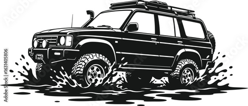 Offroad suv driving through water splash