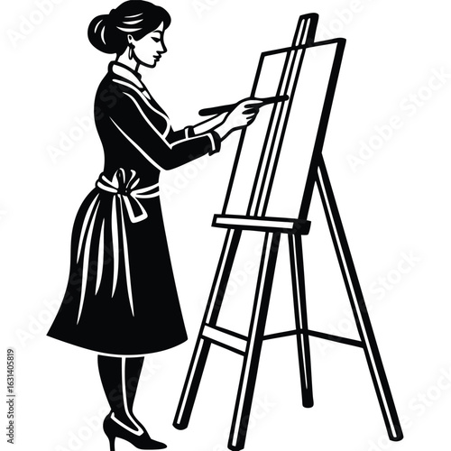 A black and white illustration of a woman artist painting on an easel.