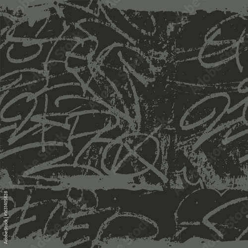 Monochrome black and white background with letter and tags. Graffiti seamless handwriting pattern. Grunge style textile print for wrapping paper, cover and poster. Vector