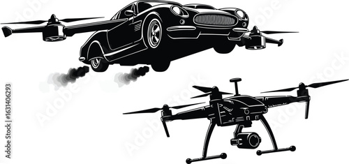 Flying car and drone in pursuit