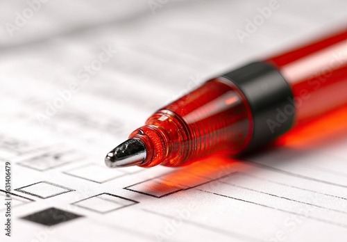 Close-up of a bright red pen on form