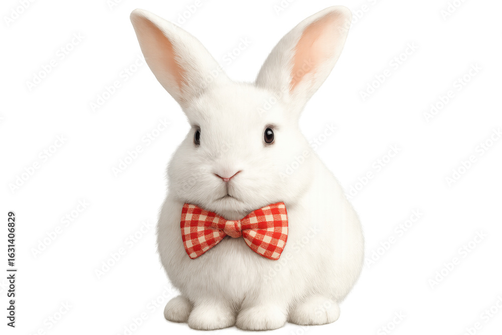Obraz premium Cute white rabbit sporting red checkered bow tie, spring-themed image with transparent background, ideal for seasonal design