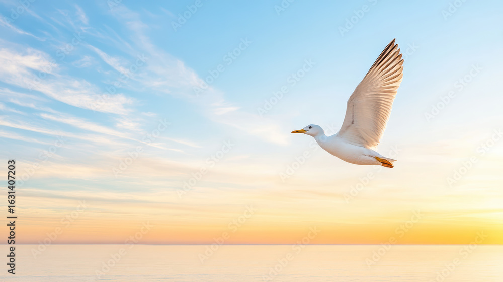 Fototapeta premium Bird soaring gracefully across vibrant twilight sky, showcasing its wings against serene