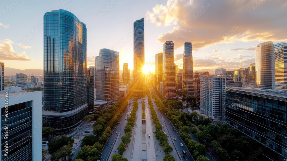 Fototapeta premium Metropolis skyline at sunset, showcasing modern architecture and vibrant city life