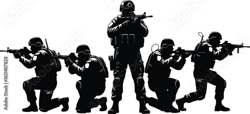 Armed soldier silhouettes, tactical formation, rifles ready, standing, kneeling, crouching, military pose, combat scene, black outline, isolated, defense, strategy
