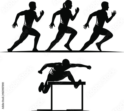 Athlete silhouettes running, hurdling, sprinting motion, track and field, sports action, black outline, isolated, dynamic pose, race, jump, competition