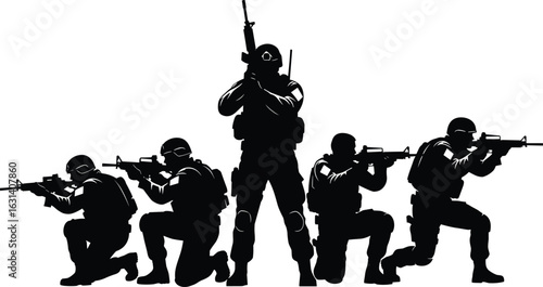 Armed soldier silhouettes, tactical gear, rifles ready, standing, kneeling, crouching, military formation, combat pose, black outline, isolated, defense, strategy