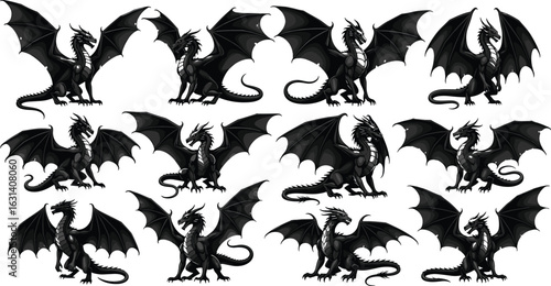 Black dragon illustrations, fantasy creature, winged monster, spiked tail, claws, scales, flying pose, side view, silhouette, reptile, mythical design