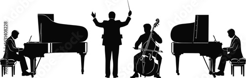 Classical music silhouettes, conductor with baton, pianists, cellist, grand piano, cello, black outline, isolated, ensemble, performance, orchestral, artistic pose