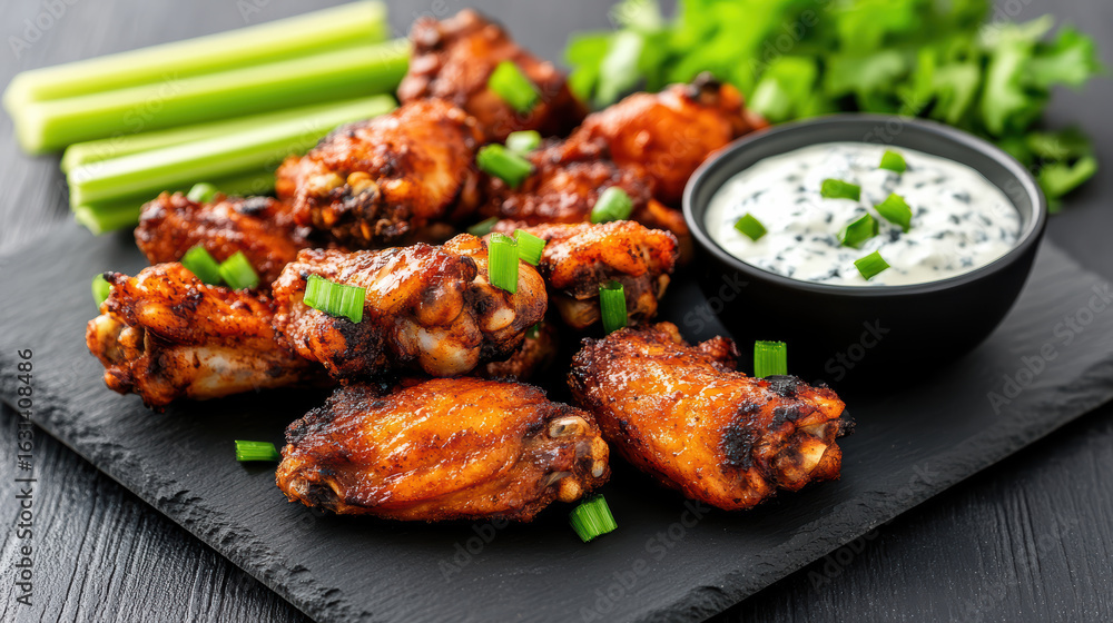 Fototapeta premium Spicy buffalo wings served with celery sticks and creamy blue cheese dip create delicious snack