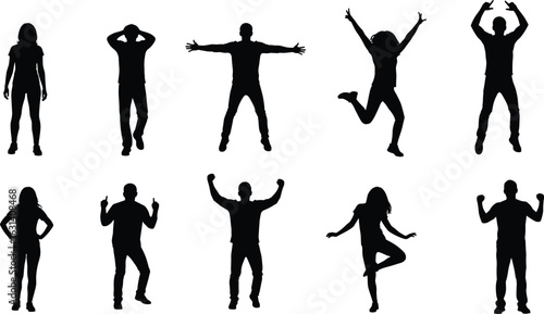 Dynamic human silhouette poses, dancing jumping standing gestures, expressive body movements set, black minimal figures artwork, animation reference collection
