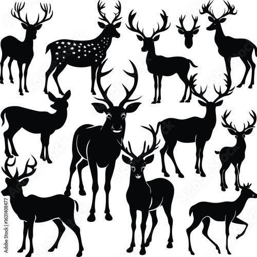 A collection of diverse deer silhouettes, showcasing various poses and antler styles, including a spotted deer.
