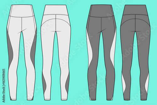 Women's Colorblock High Rise Waistband Stretch Tights Leggings Activewear Fashion Design Flat Sketch Vector Illustrator Template.