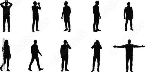 Human silhouette poses, black figures, gesture variety, walking stance, phone usage, expressive posture, white background, design element, motion study, body language