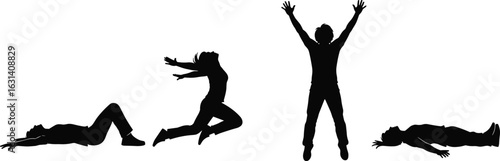 Human silhouette poses, jumping, standing, arms raised, laying down, black minimal illustration, expressive posture movements, artwork reference, body gesture pack