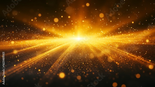 powerful beams of golden light radiate from a central horizon, stretching into the sky with an ethereal glow soft, drifting particles catch the warm amber tones, adding a sense of movement and depth
