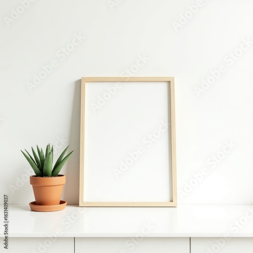 Frame mockup  a simple wooden frame next to a small potted succulent plant on a white surface and background wall