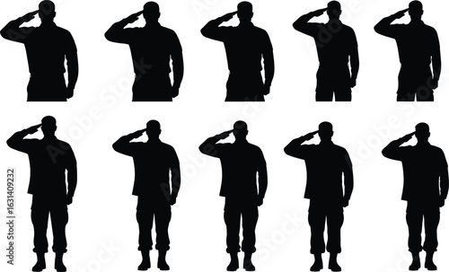 Military salute silhouettes, standing pose, uniformed figures, raised hand, respect gesture, discipline, soldier icon, black outline, white background, army personnel