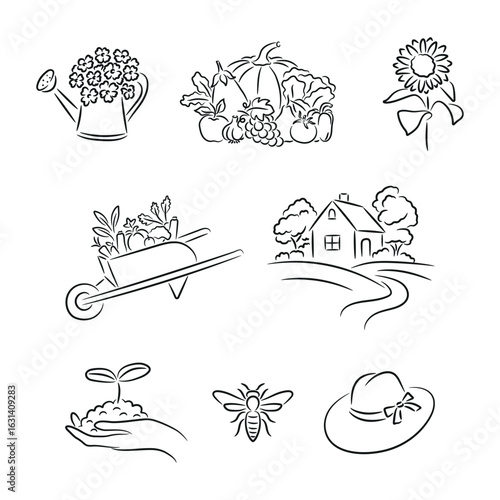 Line Art Garden and Nature Icons, Watering Can, Fruits, Vegetables, Sunflower, Bee, House, Sprout