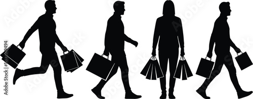 Shopping silhouette pack, walking, running, standing, carrying bags, black figure illustration, consumer gesture, buyer movement, retail action, minimal style, posture