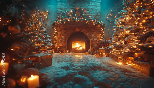 Snowy scene with a fireplace and decorated Christmas trees, illuminated by warm festive lights, Generative AI