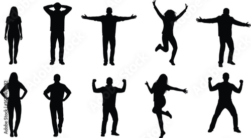 Silhouettes of human figures in diverse poses, dynamic actions, body gestures, black minimal illustration, movement reference pack, posture artwork set