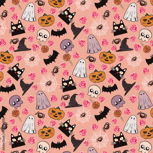 halloween seamless pattern with cats, pumpkins, ghosts, skulls and spiders in floral