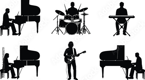 Silhouettes of musicians playing instruments, piano, drum set, keyboard, electric guitar, black outline, isolated, music performance, concert, band, artistic pose