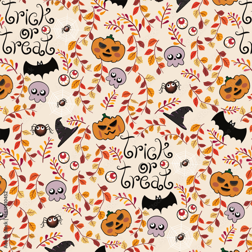 Naklejka premium seamless halloween pattern with cats, pumpkins, skulls and spiders in leaf