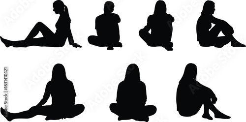 Silhouettes of people sitting, cross-legged, legs extended, knees bent, various poses, black outline, isolated, posture study, body language, ergonomic reference