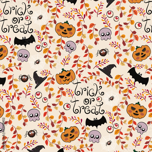 seamless halloween pattern with cats, pumpkins, skulls and spiders in leaf