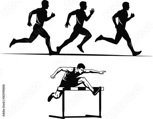 Track and field silhouettes, runners in motion, hurdler jumping, sprinting pose, athletic action, black outline, isolated, race, jump, sports performance
