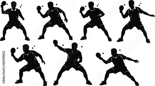 Table tennis silhouettes in active stances, paddle motions, ball interaction, dynamic poses set, sport movement illustration, black minimal art bundle