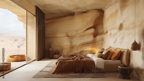 Luxurious desert cave bedroom with natural rock walls and cozy bedding