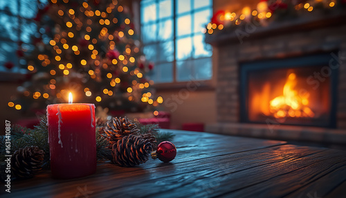 Lit red candle with pinecones on a table near a Christmas tree and glowing fireplace, Generative AI