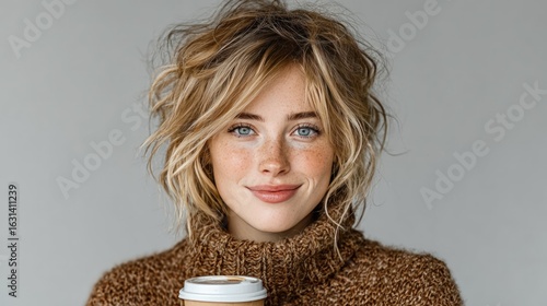 Smiling woman with messy blonde hair, wearing a brown sweater, holding a disposable coffee cup