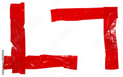 Corners of rectangle made from red adhesive sealing tape strips on transparent background. Torn ripped plastic shiny tape design element for border, frame concept